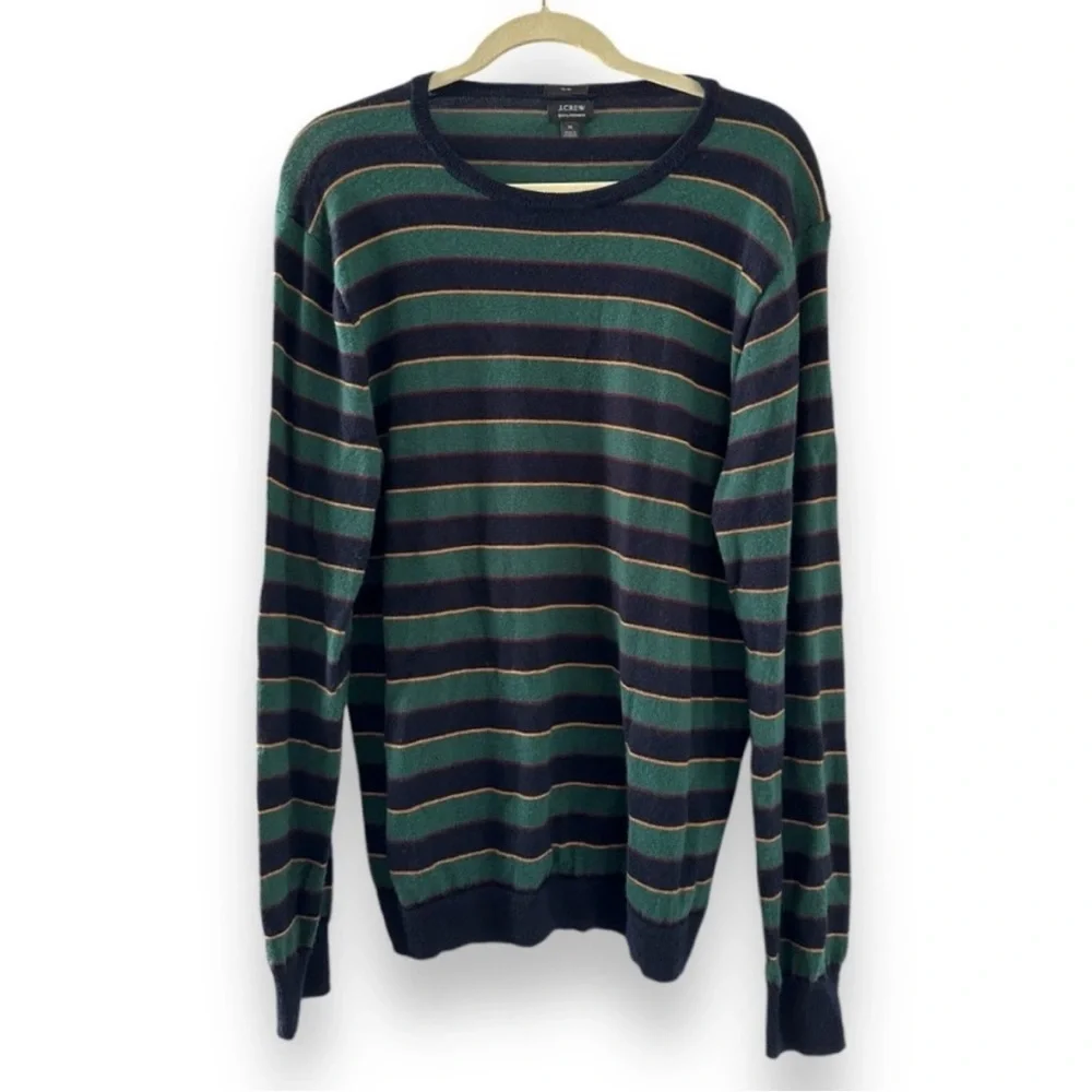 J. Crew Green Blue Striped Crewneck Sweater Merino Wool Mens Sz Medium Slim Fall